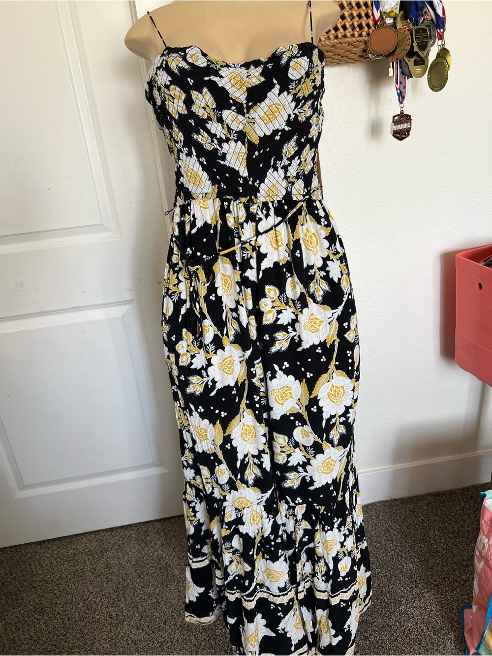Free People Black Floral Maxi Dress with White and Yellow Blooms